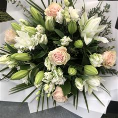 Blush rose and lily hand tied bouquet 